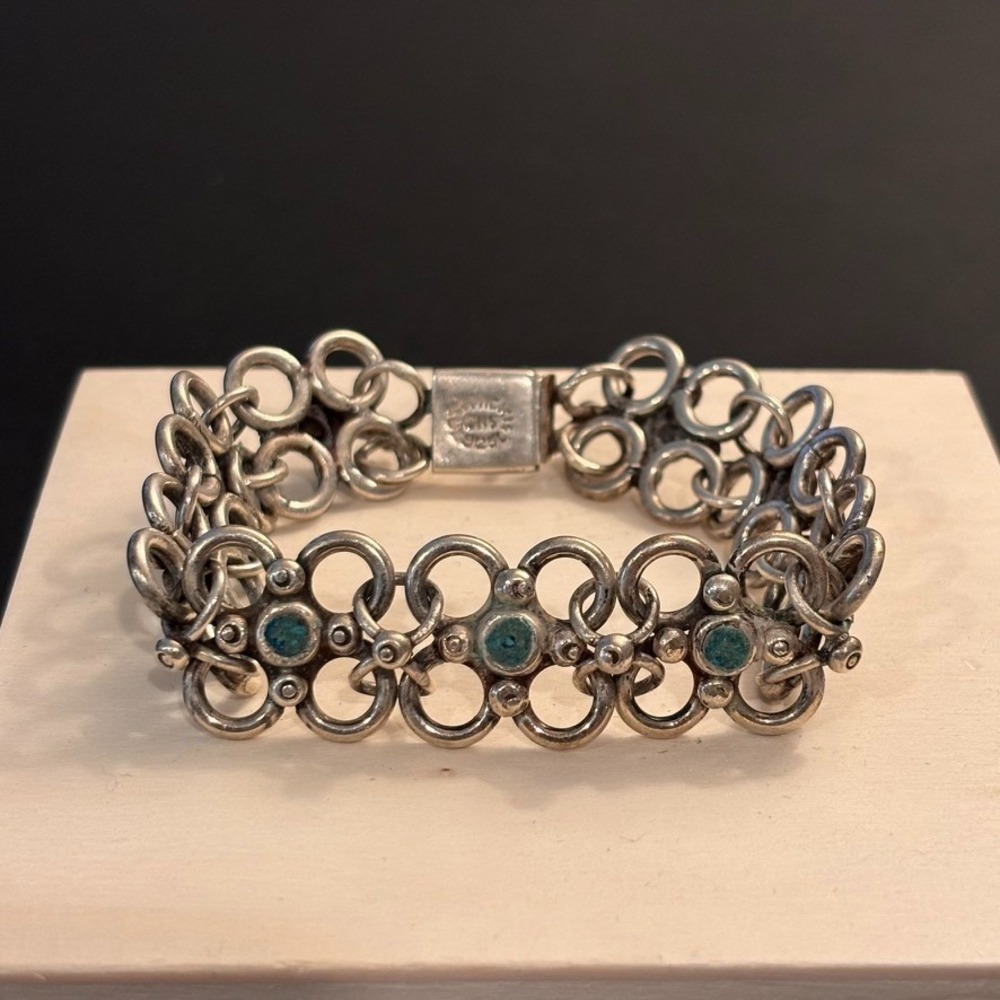 Vintage Taxco Mexico Sterling SIlver Chain Link Flower Turqouise Bracelet sz 7